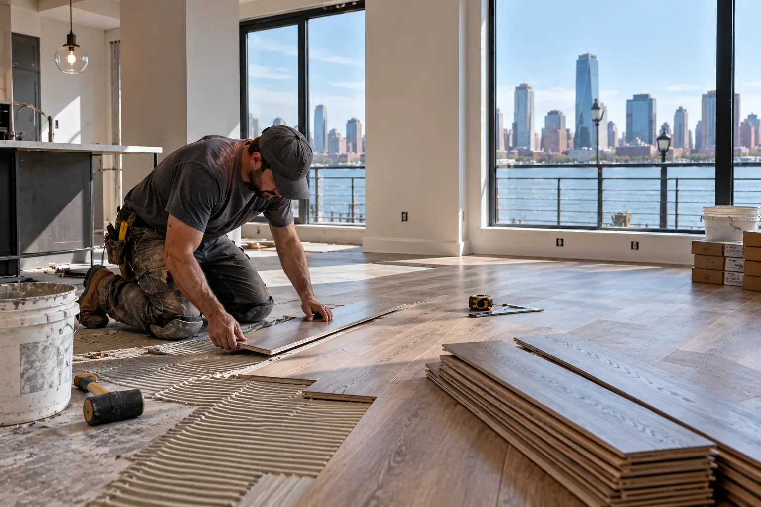 Hardwood flooring installation by DCR Construction Group, general contractor in Hoboken, NJ