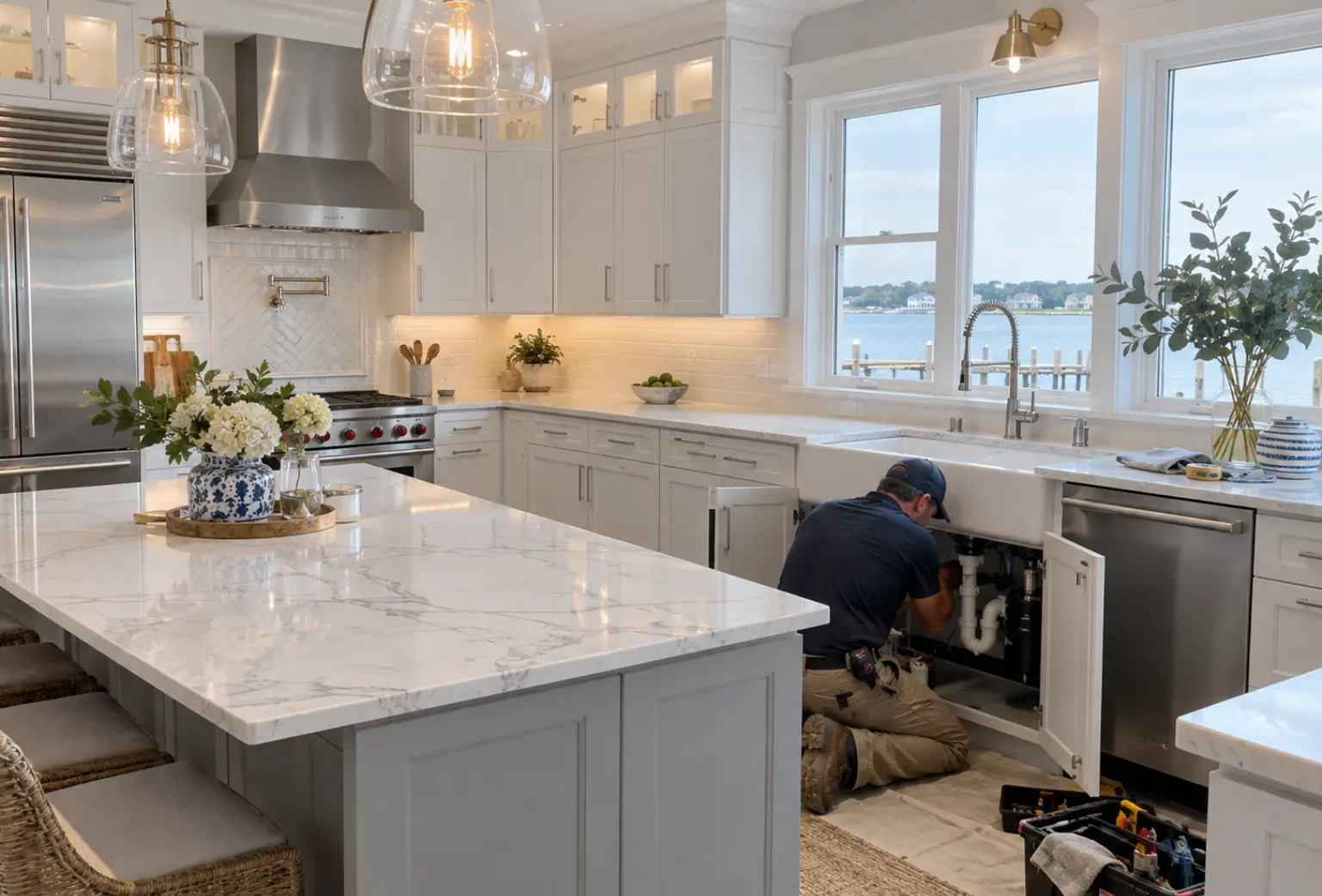 Full kitchen remodel with waterfront view by DCR Construction Group, general contractor in Keyport, NJ