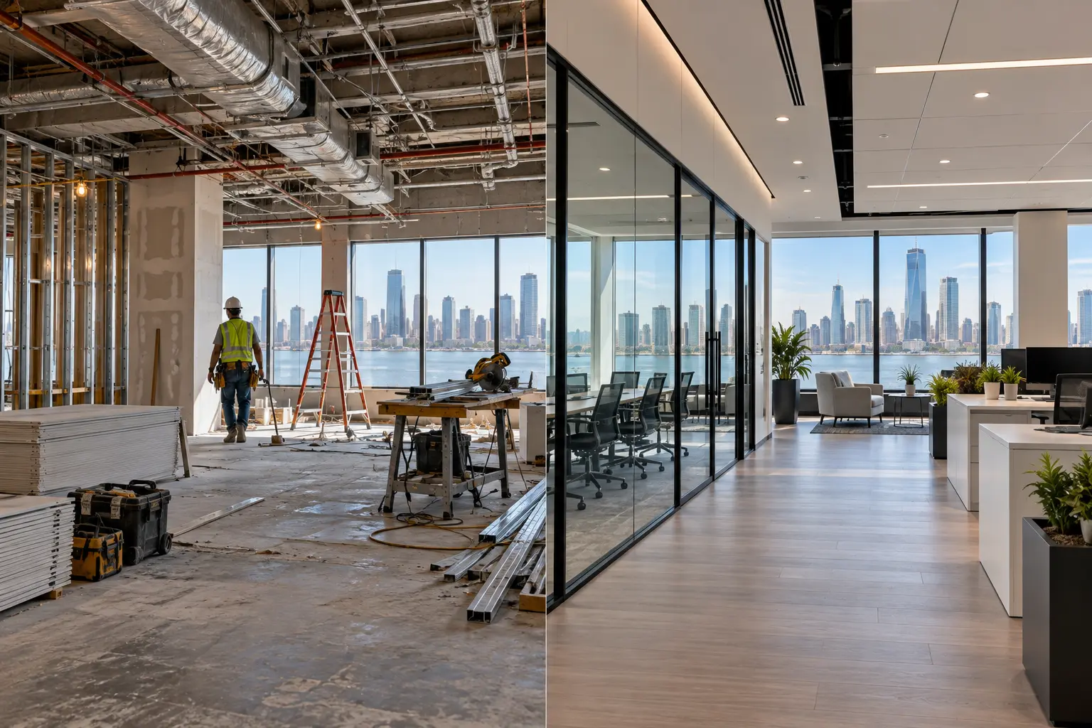 Before and after office renovation by DCR Construction Group, general contractor in Jersey City, NJ, overlooking the Manhattan skyline