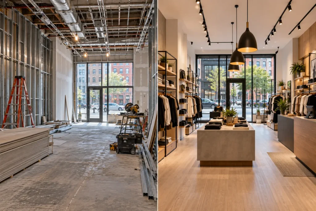 Before and after retail store buildout by DCR Construction Group, general contractor in Newark, NJ
